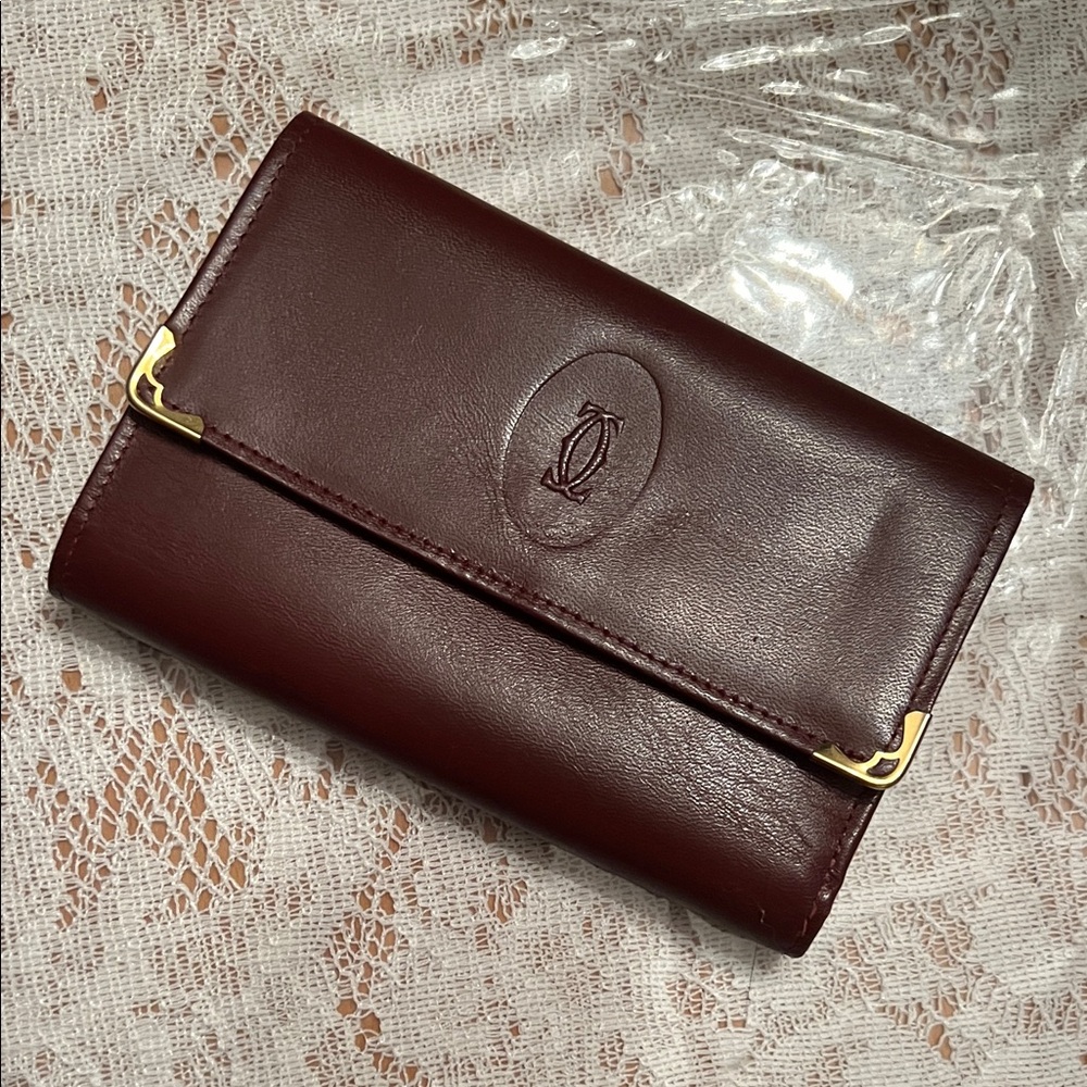 VINTAGE CARTIER kiss lock Burgundy Bordeaux Leather Clutch wallet leather - Picture 1 of 16